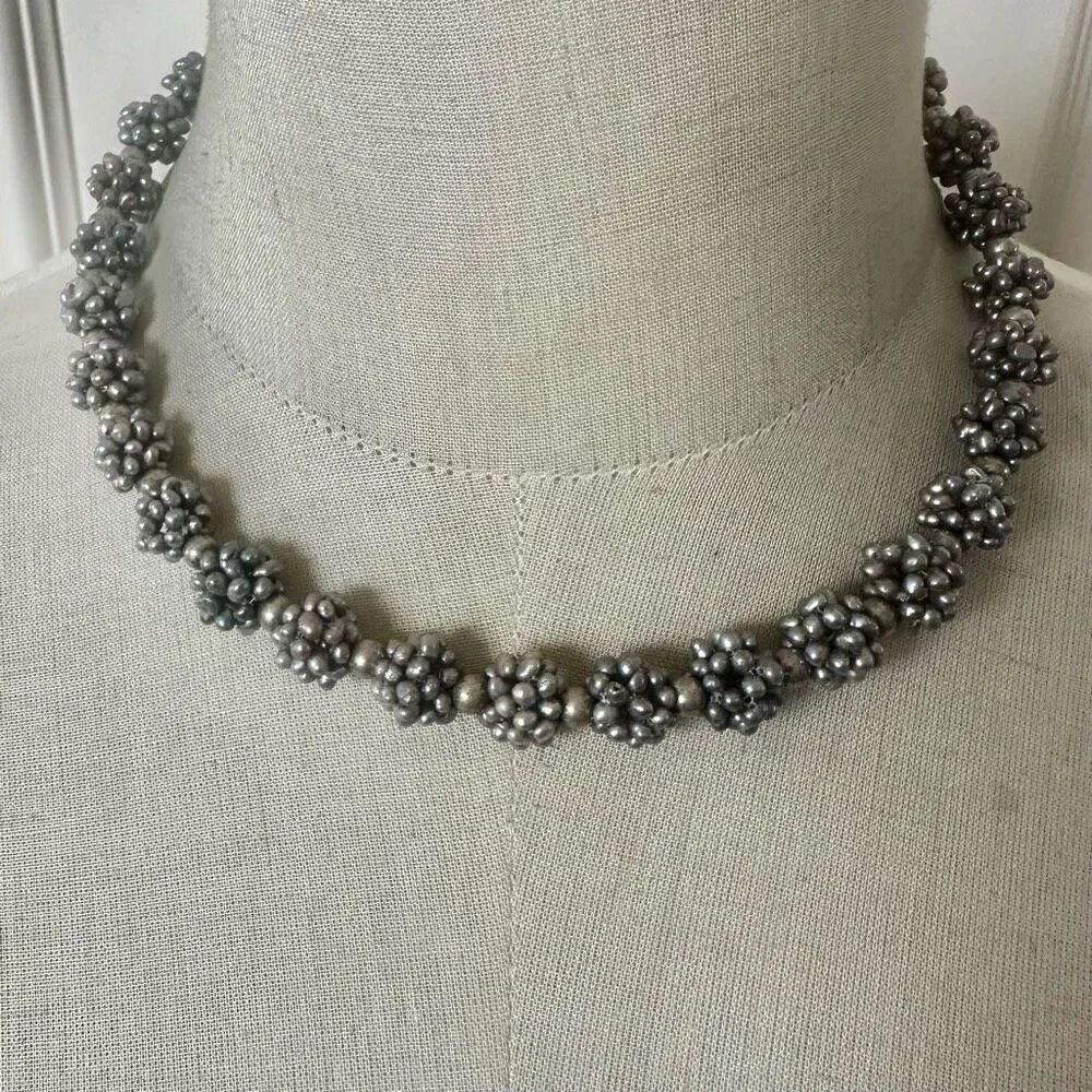 Vintage Metallic Gray Freshwater Pearl Cluster Necklace – Sterling Clasp